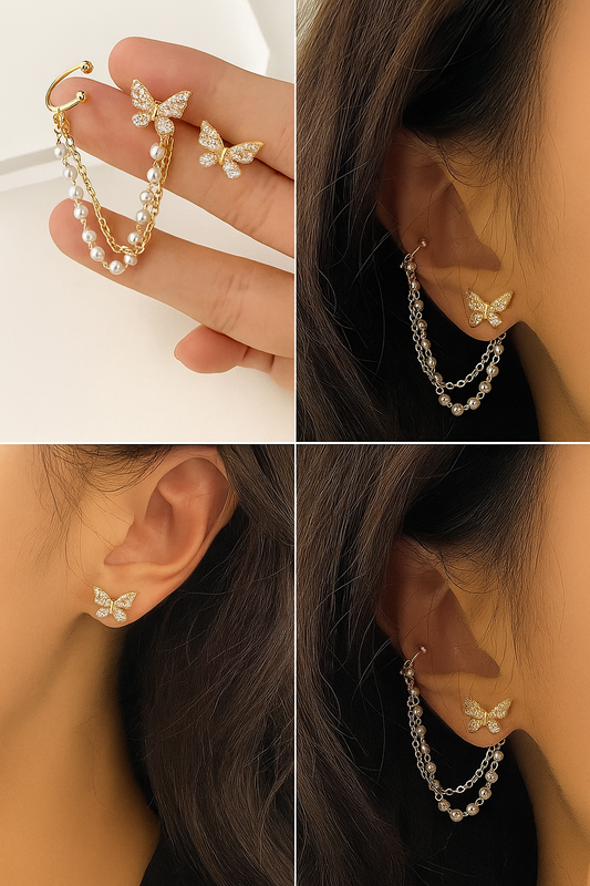 Elegant Butterfly Pearl Chain Earrings – 2-in-1 Versatile Style