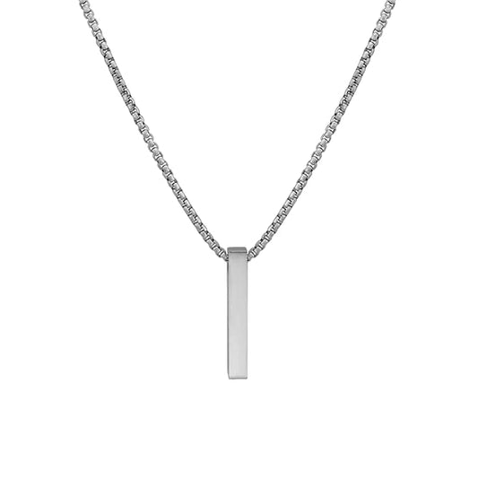 Pure Titanium Steel Ultra Polished 3D Silver Cuboid Vertical Bar Pendant with 24inch Round Box Chain for Men & Boys