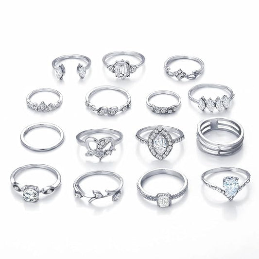 Latest Stylish Metal Boho Midi Finger Rings for Women and Girls - Set of 15 (D12962r), Silver