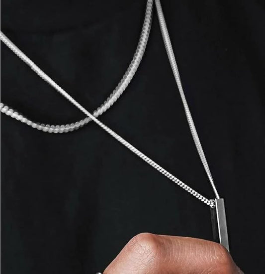 Pure Titanium Steel Ultra Polished 3D Silver Cuboid Vertical Bar Pendant with 24inch Round Box Chain for Men & Boys