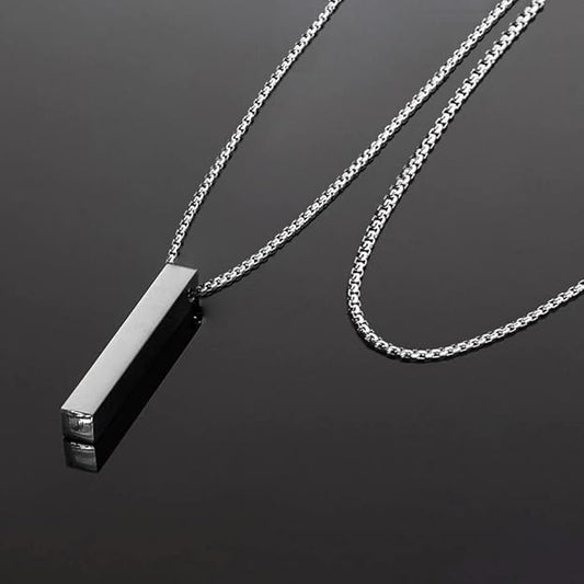 Pure Titanium Steel Ultra Polished 3D Silver Cuboid Vertical Bar Pendant with 24inch Round Box Chain for Men & Boys