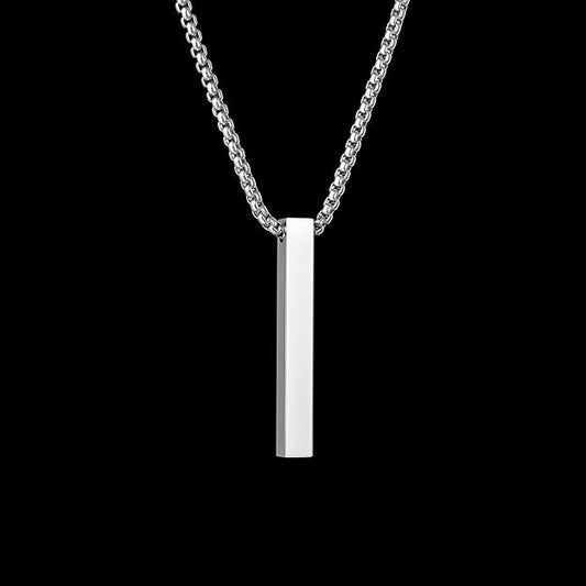 Pure Titanium Steel Ultra Polished 3D Silver Cuboid Vertical Bar Pendant with 24inch Round Box Chain for Men & Boys