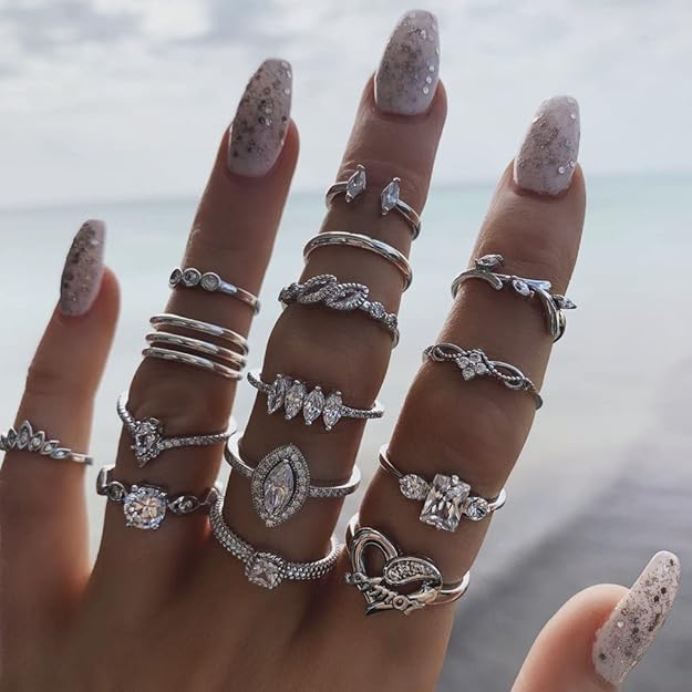 latest stylish metal boho midi finger rings for women and girls - set of 15 (d12962r), silver