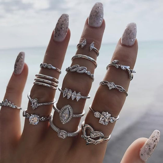 Latest Stylish Metal Boho Midi Finger Rings for Women and Girls - Set of 15 (D12962r), Silver