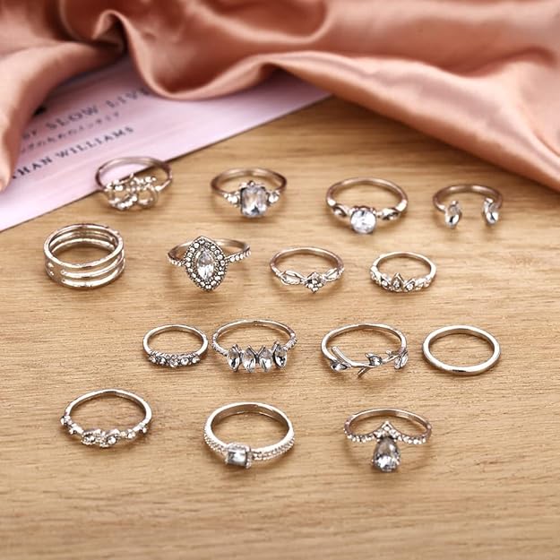 latest stylish metal boho midi finger rings for women and girls - set of 15 (d12962r), silver