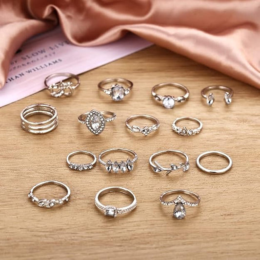 Latest Stylish Metal Boho Midi Finger Rings for Women and Girls - Set of 15 (D12962r), Silver