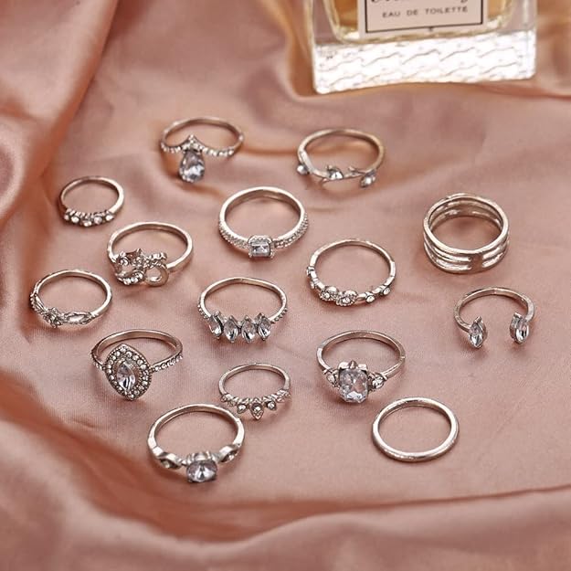 latest stylish metal boho midi finger rings for women and girls - set of 15 (d12962r), silver