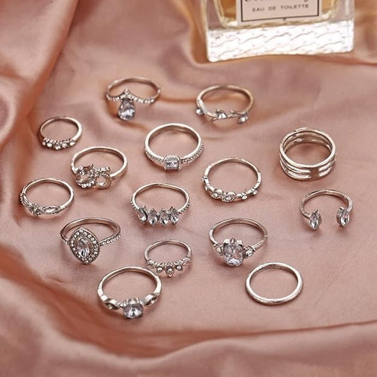 Latest Stylish Metal Boho Midi Finger Rings for Women and Girls - Set of 15 (D12962r), Silver