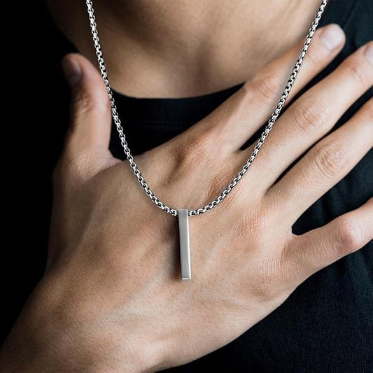 Pure Titanium Steel Ultra Polished 3D Silver Cuboid Vertical Bar Pendant with 24inch Round Box Chain for Men & Boys