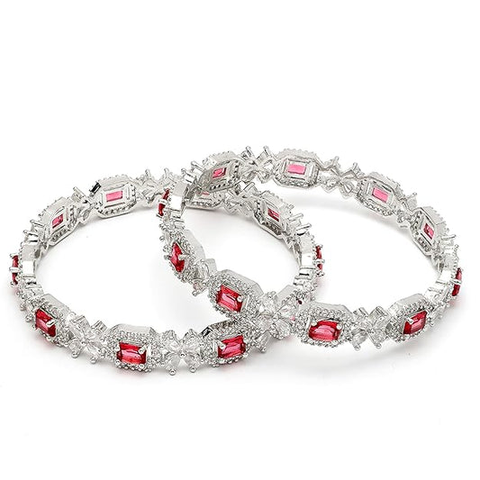 Silver Toned American Diamond Square Shaped studded Bangle Jewellery Set for Girls and Women (Set Of 2)