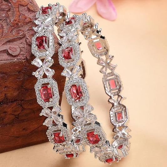 Silver Toned American Diamond Square Shaped studded Bangle Jewellery Set for Girls and Women (Set Of 2)
