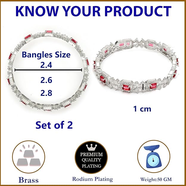 silver toned american diamond square shaped studded bangle jewellery set for girls and women (set of 2)