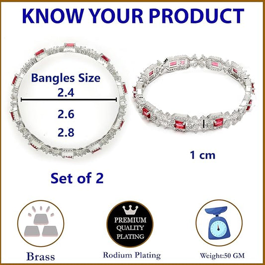 Silver Toned American Diamond Square Shaped studded Bangle Jewellery Set for Girls and Women (Set Of 2)