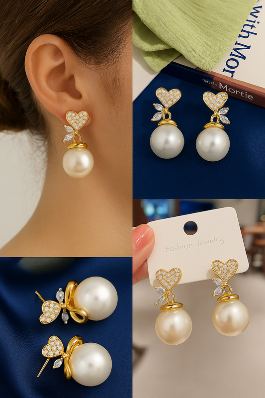 Pearl Stud Earrings for Women & Girls | Heart Bow Design, Trendy Fashion Jewelry, Elegant Gift