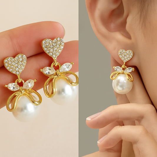 Pearl Stud Earrings for Women & Girls | Heart Bow Design, Trendy Fashion Jewelry, Elegant Gift