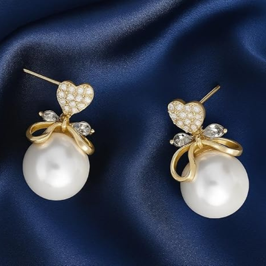 Pearl Stud Earrings for Women & Girls | Heart Bow Design, Trendy Fashion Jewelry, Elegant Gift