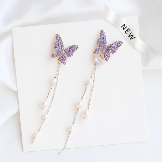 Korean Style Purple Butterfly Dangle Earrings with Pearls for Women & Girls