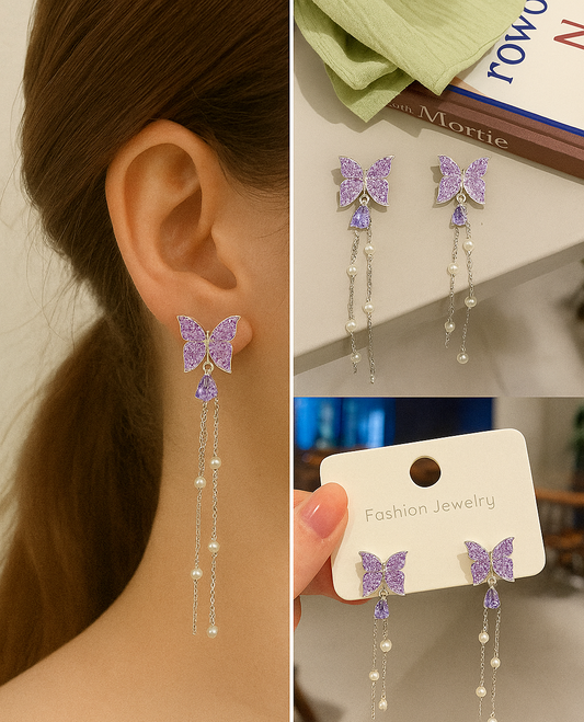 Korean Style Purple Butterfly Dangle Earrings with Pearls for Women & Girls