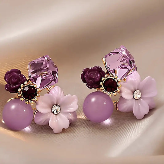Trendy Korean Gold Plated Purple Earrings For Girls